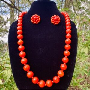 Vintage Signed W.Germany Red Wooden Beaded Earrings & Matching Necklace Set